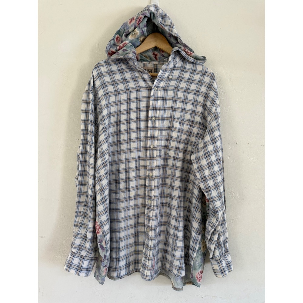 Furst of a Kind Upcycled Hooded Flannel Shirt Plaid Floral Mixed Media Blue L